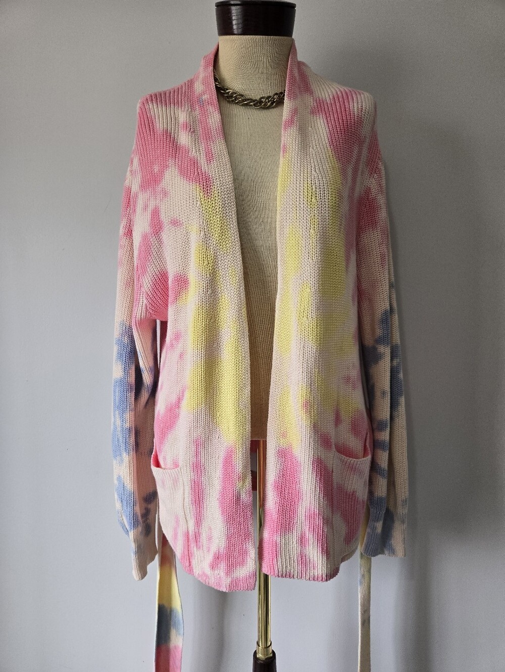 525 America Pastel Tie-Dye Cotton Knit Belted Cardigan. Size Large - Picture 9 of 13